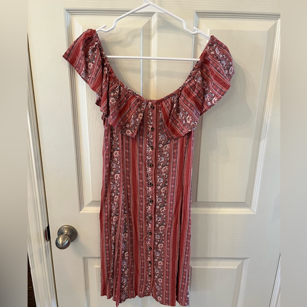 American Eagle Off-Shoulder Boho Coral Red Mini Dress, size Medium